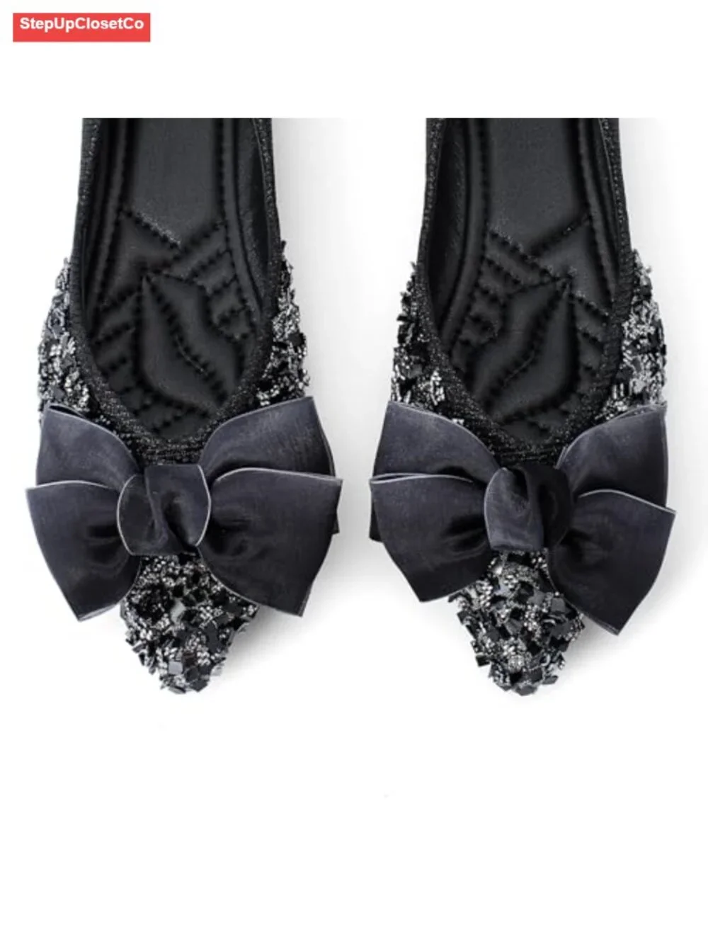 Satin Pointed Toe Flats Rhinestone Bow Memory Foam